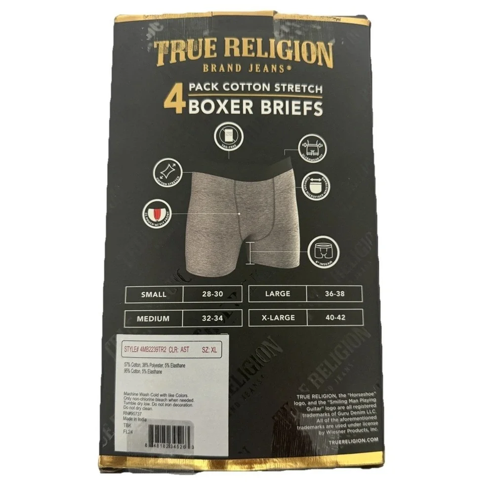 True Religion Men's Cotton Stretch‎ Boxer Briefs 4-Pack in size XL